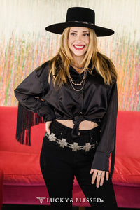 Black Satin Fringe Button Down